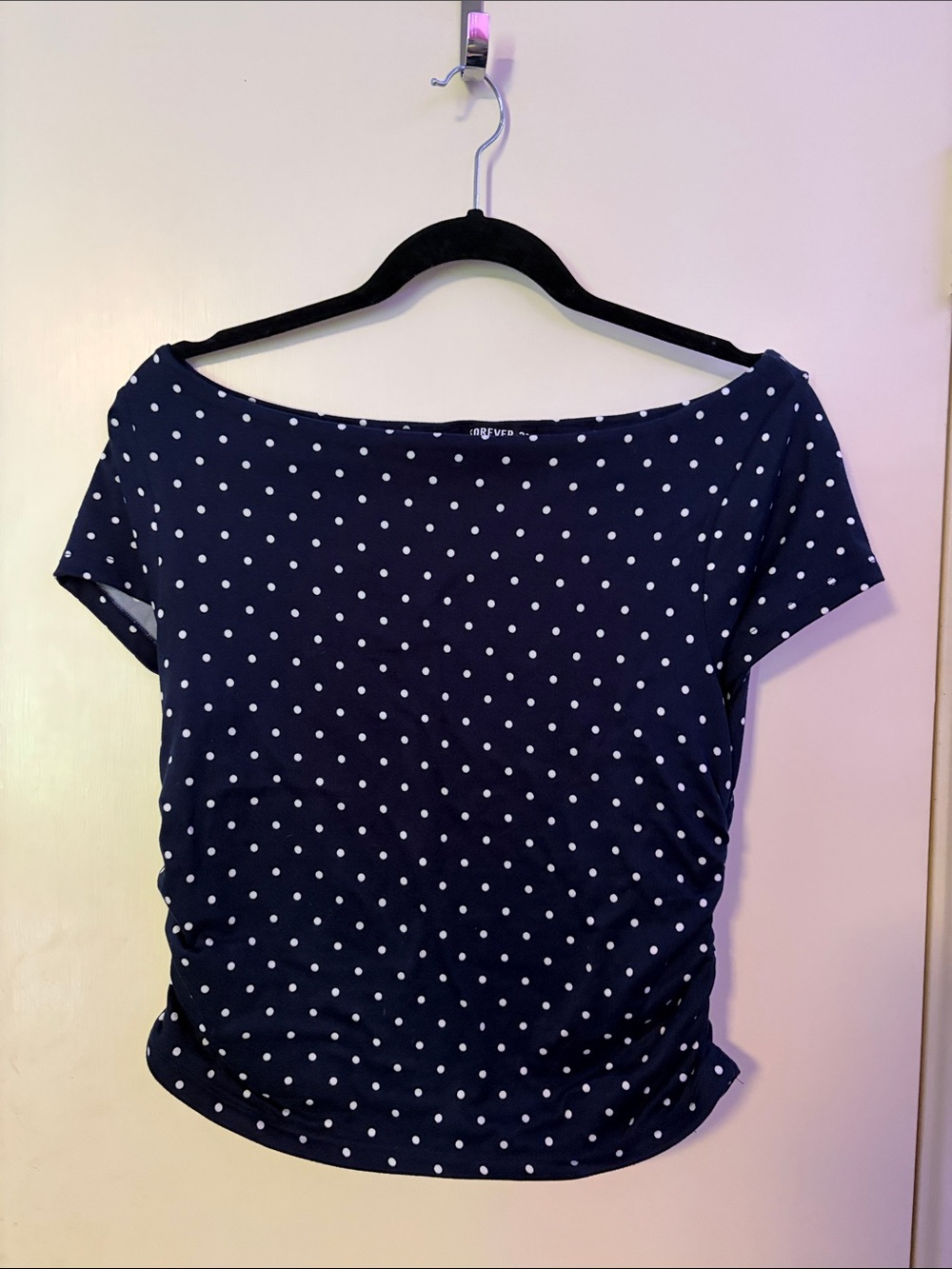 Forever 21 Navy and White Polka Dot Boatneck Top